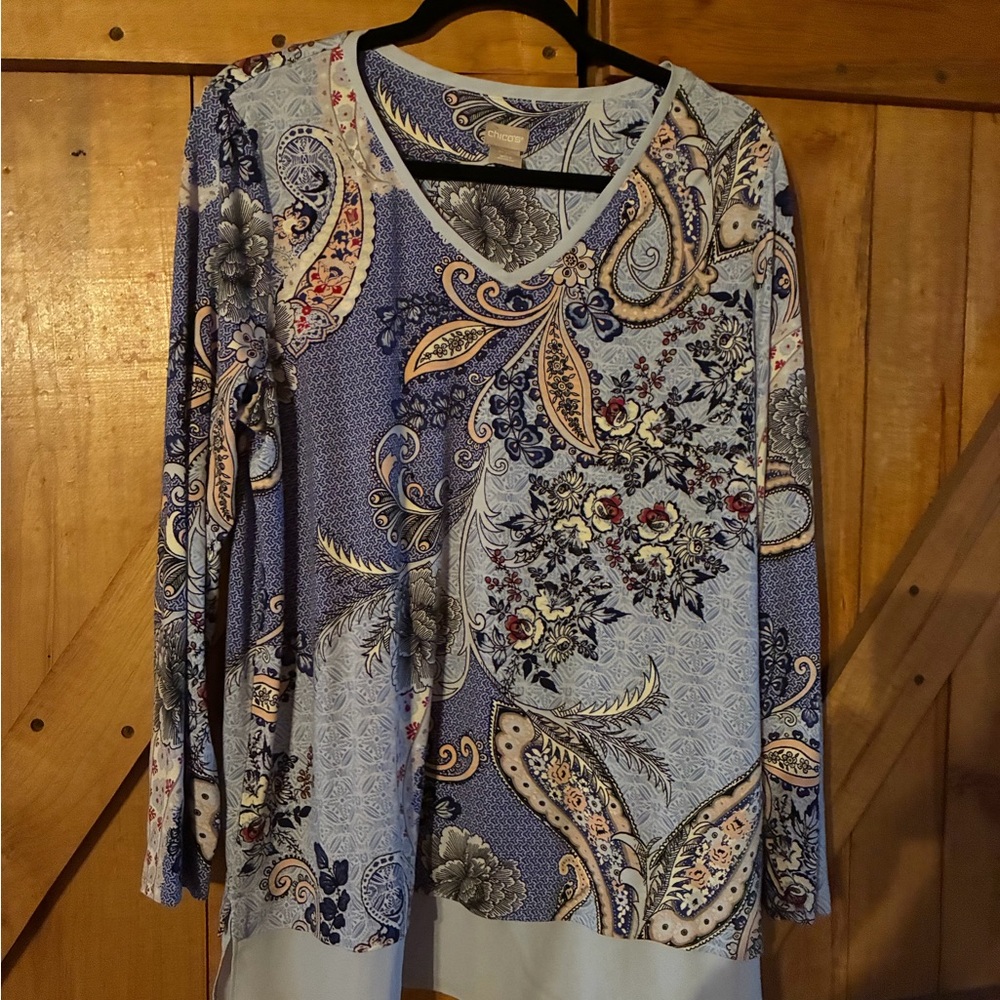 Chico's Blue and Cream Paisley Long Sleeve Top